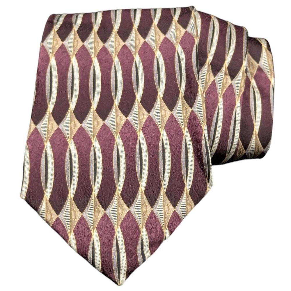 Pierre Cardin Silk Tie Burgundy Abstract Geometric Pattern 59 Inch‎ Made in USA